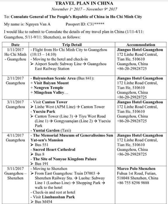 Mẫu kế hoạch du lịch - kinh nghiệm xin visa du lịch Trung Quốc
