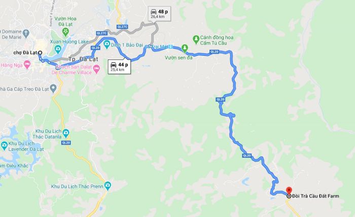 Đường đi đồi chè Cầu Đất trên Google Maps