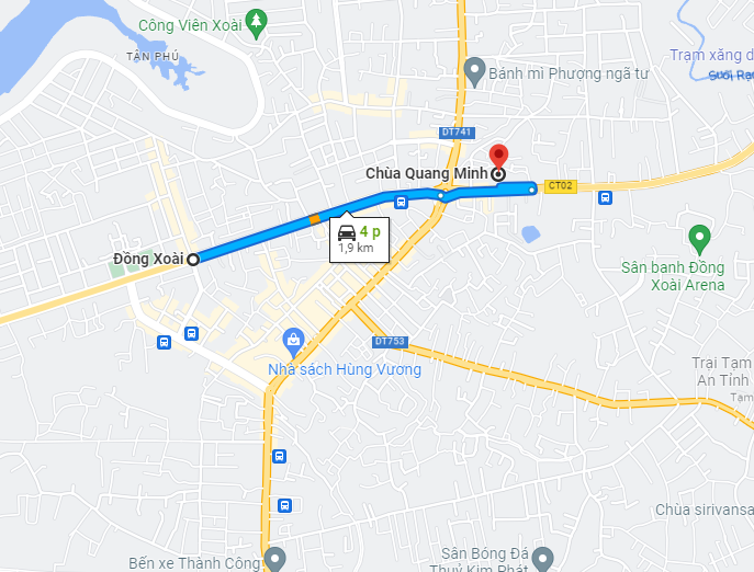 cách di chuyển tới chùa Quang Minh từ trung tâm Đồng Xoài
