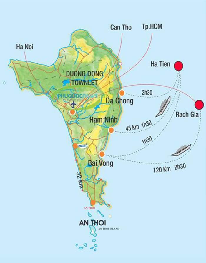 Bản đồ du lịch Phú Quốc cách di chuyển tới đảo