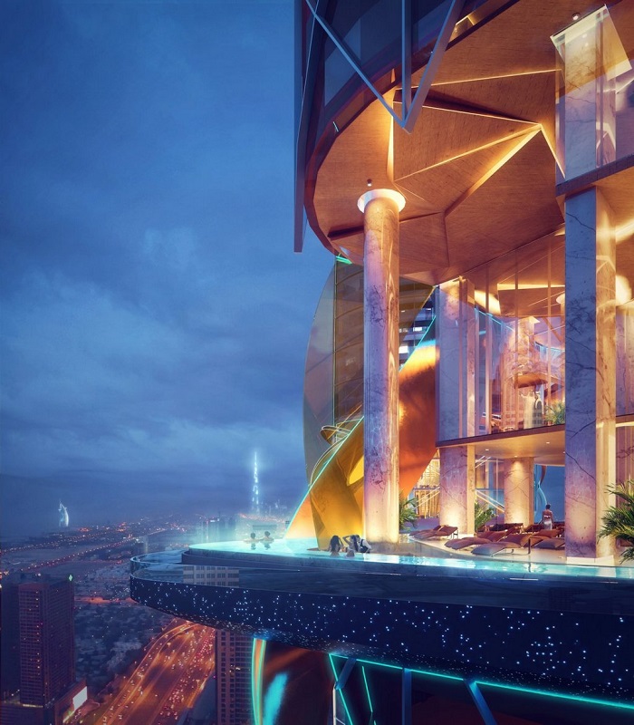 Hồ bơi vô cực đáy kính nằm trên tầng thượng của tòa tháp - khách sạn rừng nhiệt đới ở Dubai
