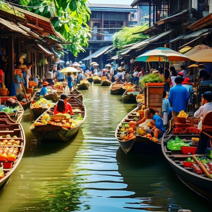 Chợ nổi Damnoen Saduak là chợ nổi đẹp ở châu Á cũng nằm tại Thái Lan