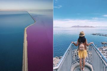 Vẻ đẹp kỳ lạ hồ nước mặn hai màu ở bang Utah Hoa Kỳ