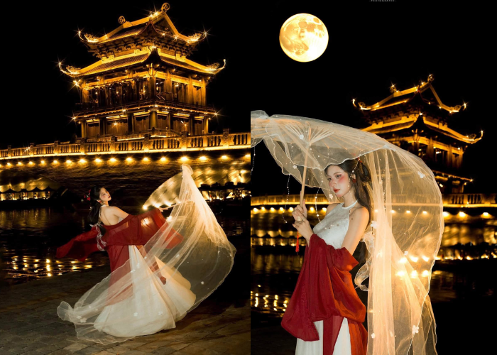 Du khách tạo dáng chụp ảnh ở hồ Kỳ Lân - Ảnh: Fanpage Phố cổ Hoa Lư - Ninh Bình