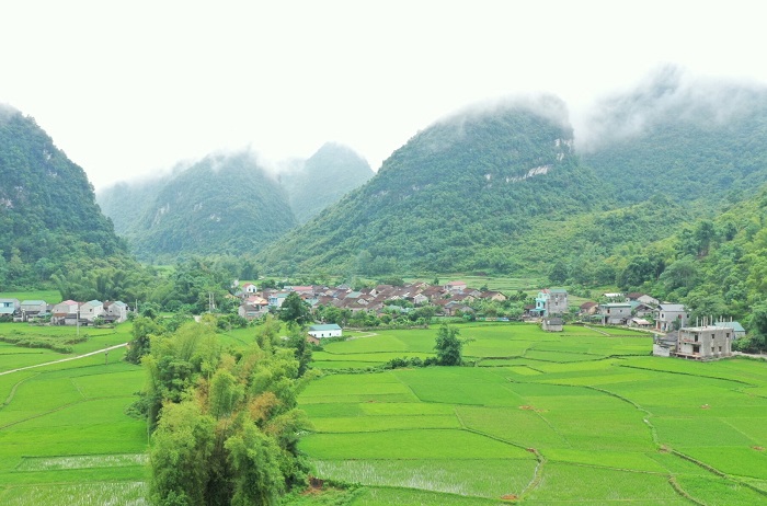 Na Vi Cao Bang ancient stone village is located in the middle of a picture of green nature